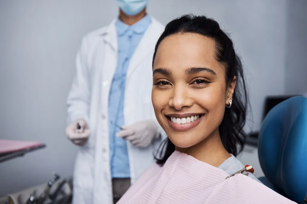 Woman having dental work done in a dentist's office